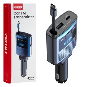 Amio - FM Transmitter Αυτοκινήτου 12/24V Με 1xUSB Type-A, 1xUSB Type-C Και Ενσωματωμένο Καλώδιο Φόρτισης Type-C - 1 Τεμ.